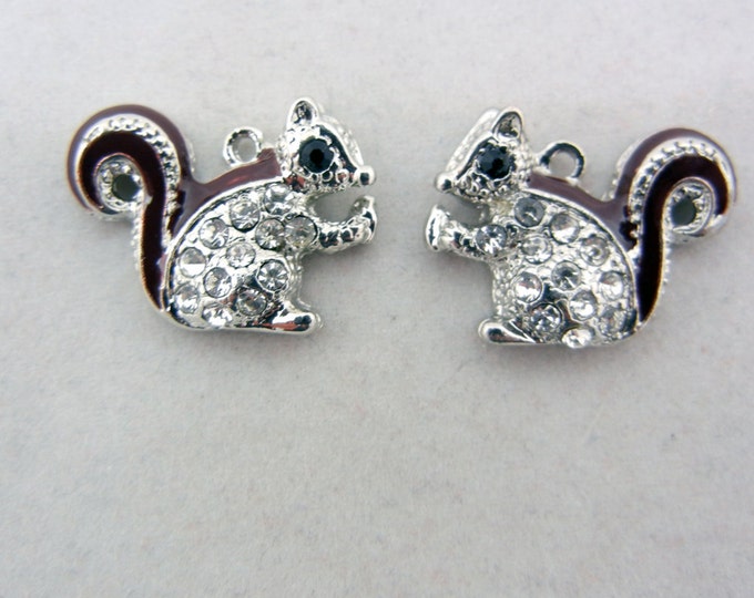 Pair of Small Rhinestone and Brown Epoxy Chipmunk Squirrel Charms Silver-tone