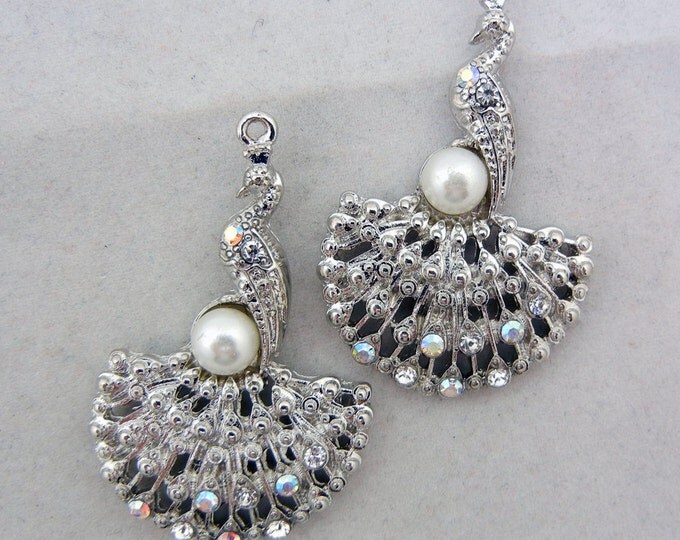 Set of Two Peacock Charms with Rhinestones and Faux Pearl Silver-tone