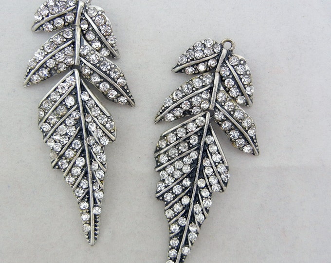 Pair of Antique Silver-tone Rhinestone Leaf Charms Rhinestones