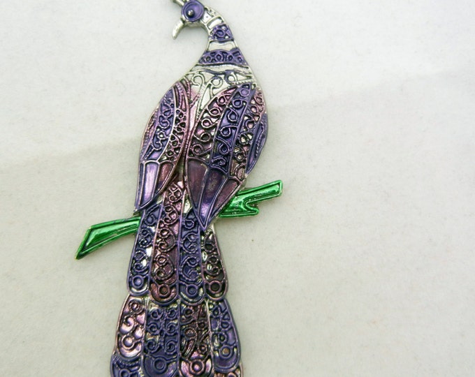 Silver-tone Textured Peacock Pendant with Purple Epoxy Wash