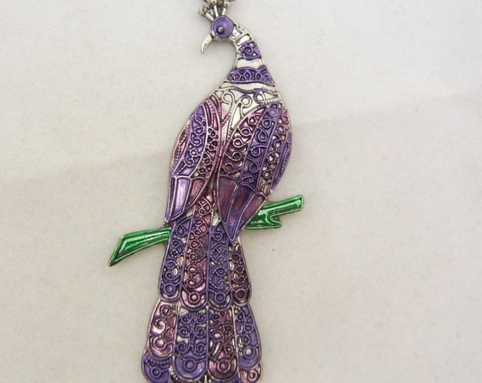 Silver-tone Textured Peacock Pendant with Purple Epoxy Wash