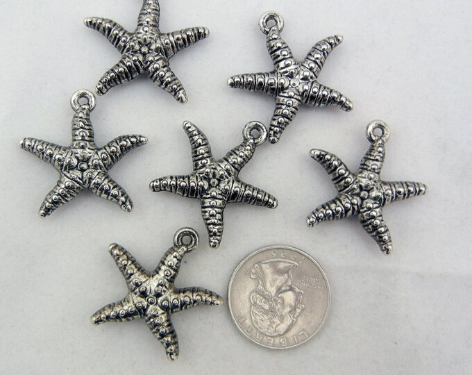 Set of 6 Metalic Plastic Antique Silver-tone Textured Starfish Charms