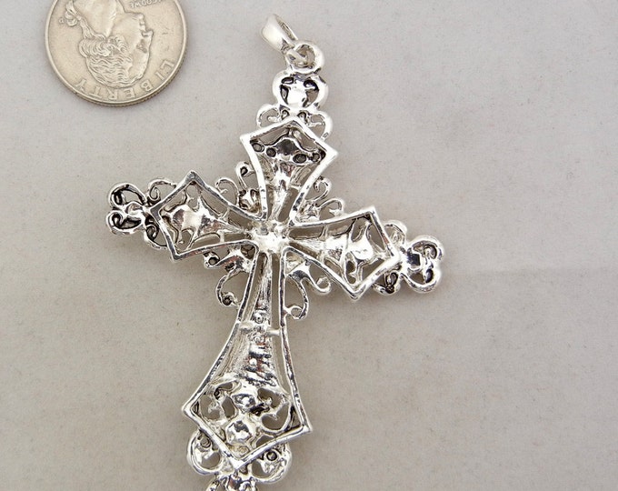 Filigree Antique Silver-tone Cross Pendant AB Rhinestone Accents