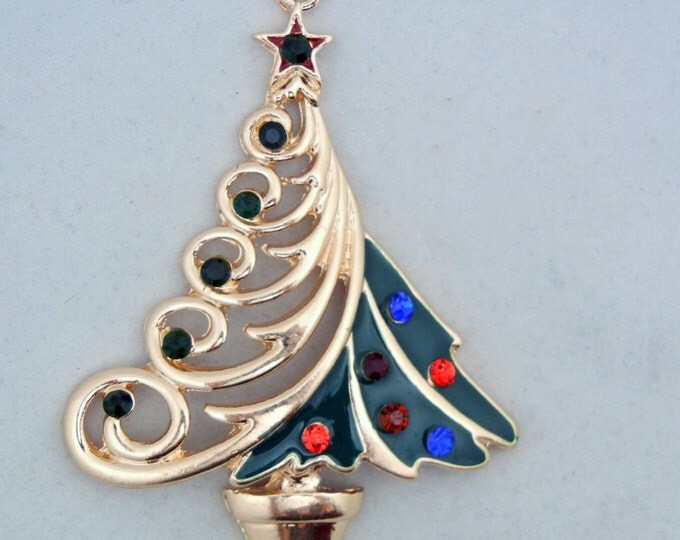 Gold-tone Christmas Tree Pendant Swirl Design Green Epoxy and Rhinestones