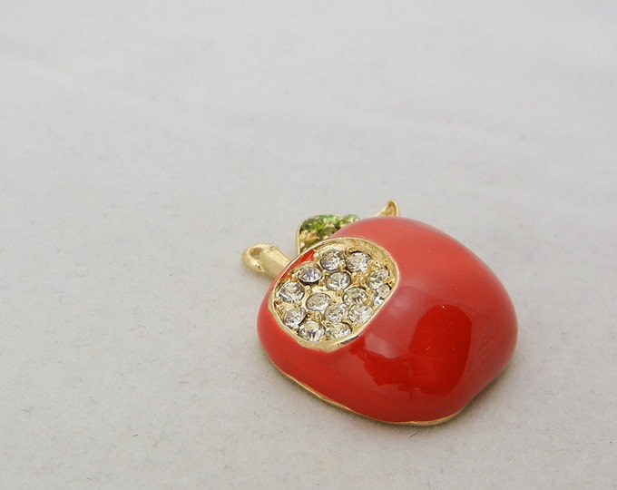 Gold-tone Red Epoxy Apple Pendant Rhinestone Bite