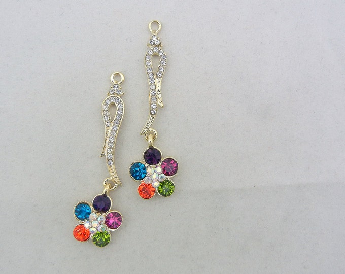 Pair of Gold-tone Crystal Flower Drop Charms Colorful Rhinestones