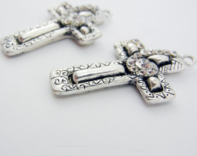 Pair of Antique Silver-tone Decorative Cross Charms Rhinestones