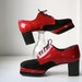vintage platform shoes. Men 11.5 / Wom 12.5 / Red patent, black suede / retro disco / back to school / the DEVIL'S FOOD oxfords
