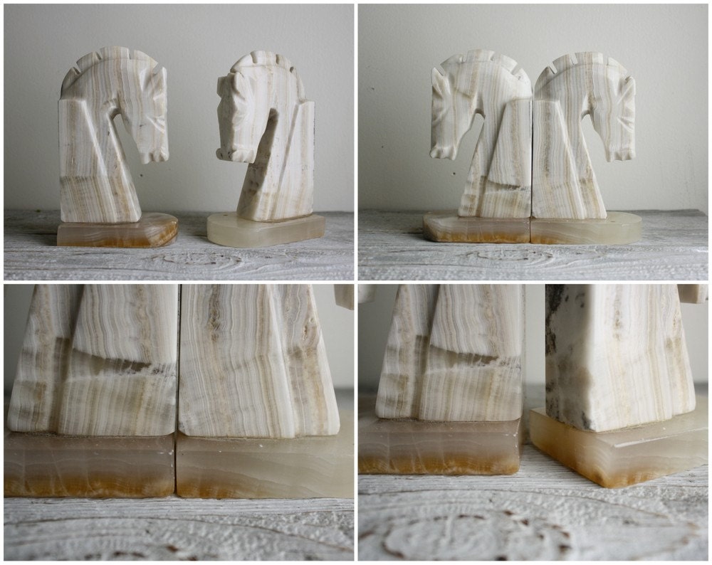 Vintage Pair of Alabaster Horse Head Bookends