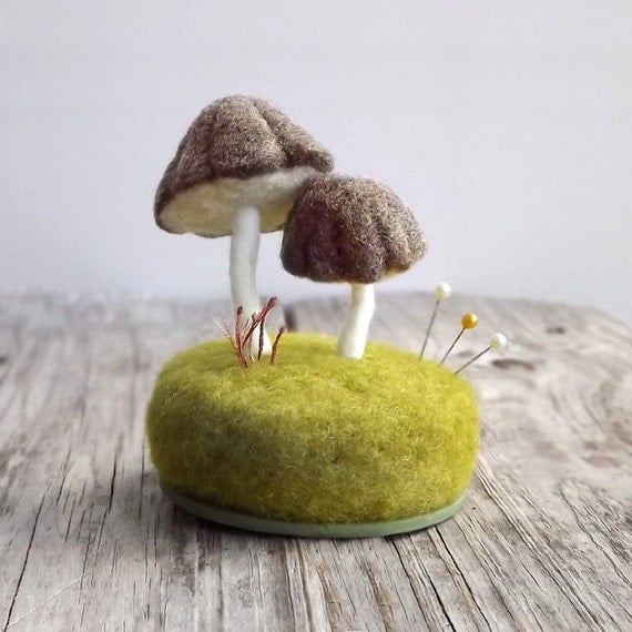 Pincushion Felted Mushrooms in Heather Brown Nature Scene Desk Home Decor Wool Sculpture Made To Order