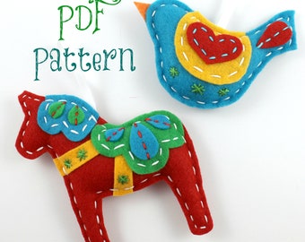 PDF Pattern Felt Dala Horse and Swedish Bird Xmas Ornament Patterns