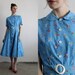 Vintage 50s Dress . Bunny Print . Mid Century Gown . High Fashion . Teal Blue