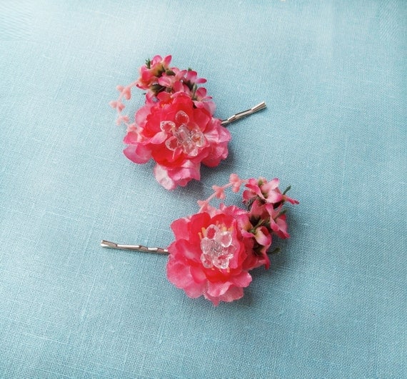 Items similar to bright pink flower hair pins, wedding hair accessories