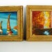 vintage mini framed oil paintings - sailboats - autumn forest - set of 2 - 1960s