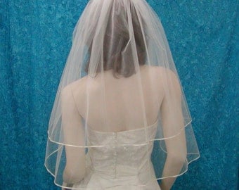 Wedding Veils Two Tier Elbow length Bridal Veil trimmed with Satin Rattail or Flat Ribbon trim