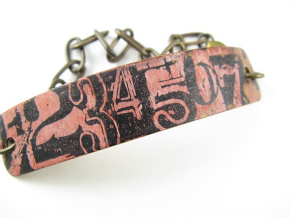 Steampunk Numbers Bracelet, Hand painted and stamped, Copper Bracelet with brass chain