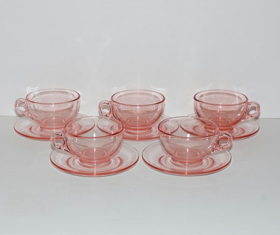 Tea and saucers Vintage  cups vintage 5 set Saucers, Glass Set or of and Pink Coffee Cups