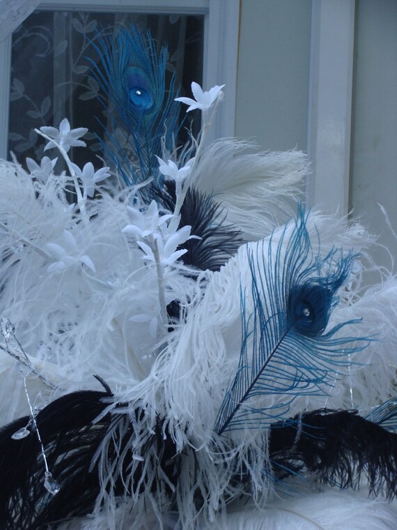 13 Custom White Ostrich Feather Centerpiece with Black and