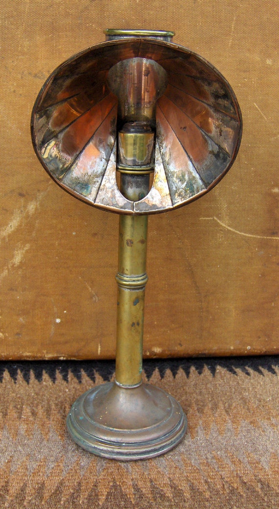 Antique Mid 1800s copper and brass spring loaded candle lamp w