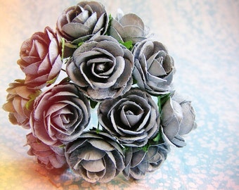 Pewter blue Garden Roses Vintage style Millinery Flower Bouquet - for decorating, gift wrapping, weddings, party supply, holiday
