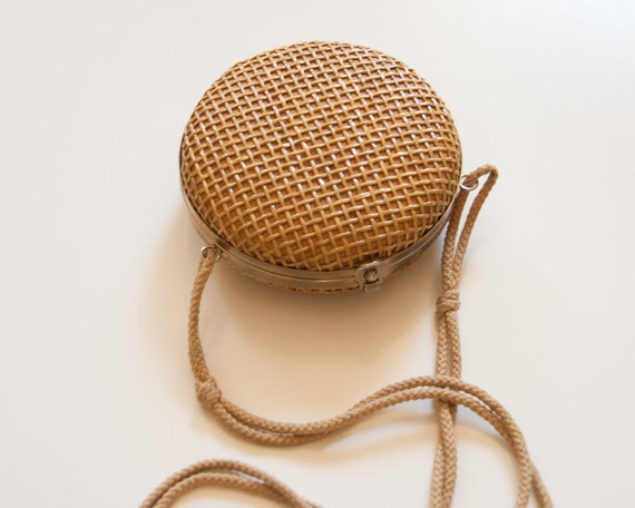 Unique VIntage Round Woven Straw Frame Bag with Rope Strap