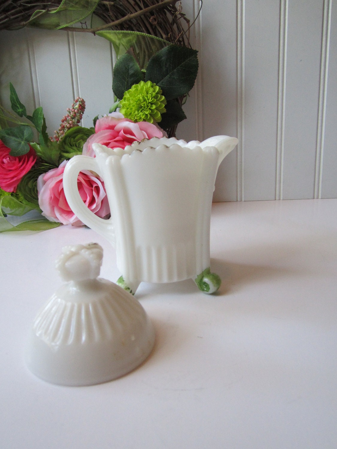 Vintage Milk Glass Unique Creamer/Sugar Bowl Cottage Chic