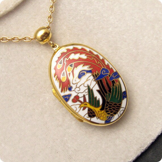 Large Cloisonne Locket Bird Necklace Pendant N4720 2303