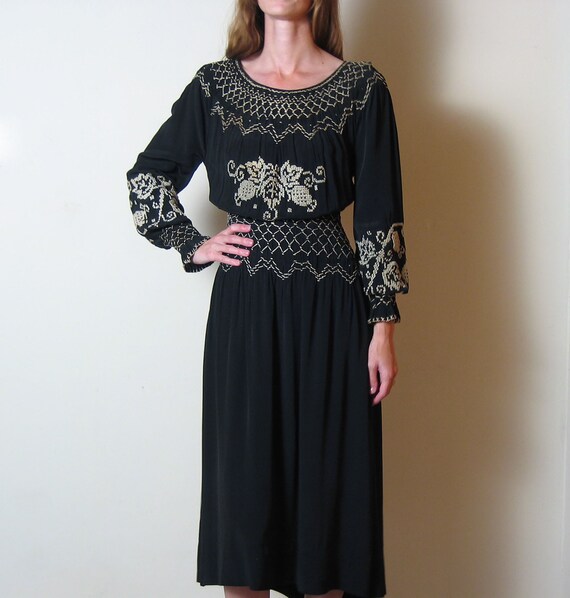 vintage 1930s SILK SMOCKED and EMBROIDERED peasant dress m
