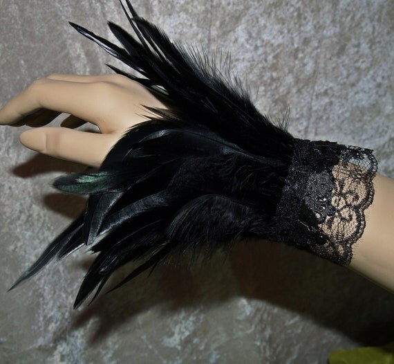 Pair Black Iridescent Feather Wrist Cuffs