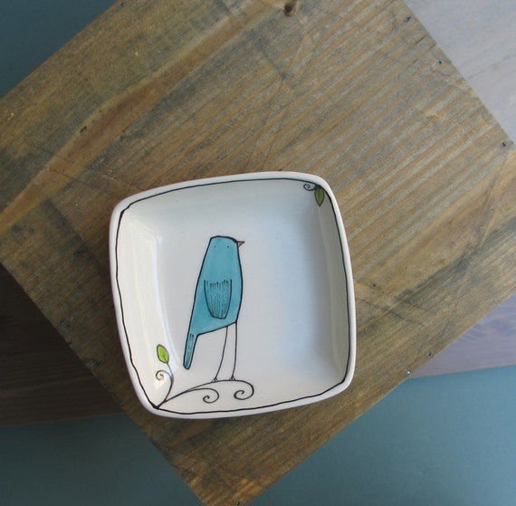 SALE Small ceramic bird plate teal blue and white square bird