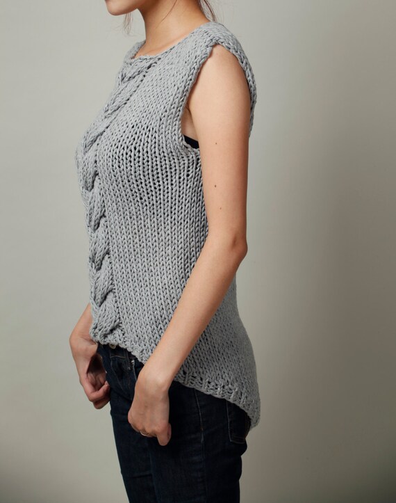 Hand knitted sweater grey Sleeveless Tunic sweater cable