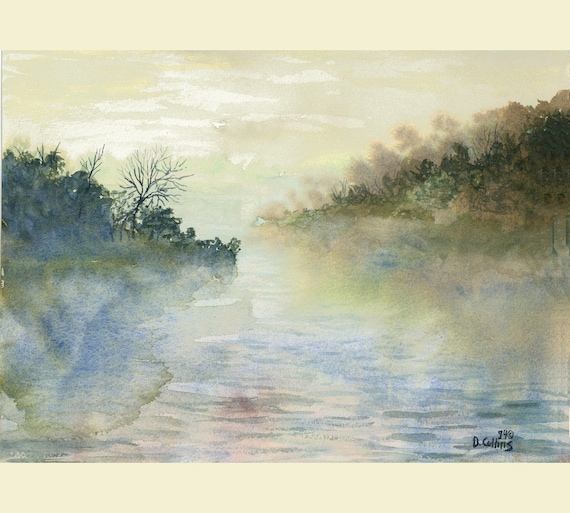 Landscape Painting Print foggy River Watercolor Lake water