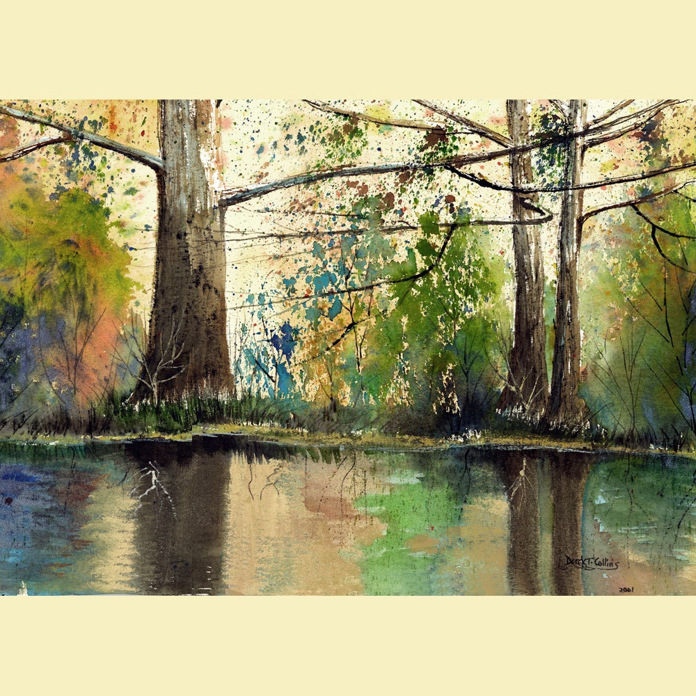 Landscape Painting watercolor sycamore Print River with trees