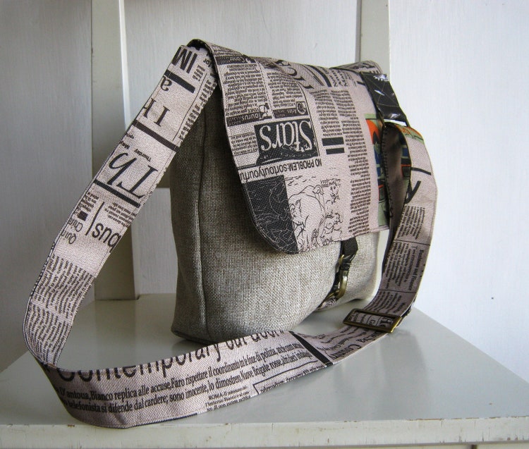 Natural color Canvas Satchel with an Art Newspaper Flap by rutinet
