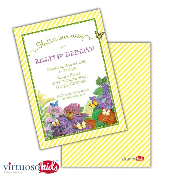 Girl's BUTTERFLY and FLOWER GARDEN Printable Birthday Party Invitation Realistic Customizable Printing Available Il_570xn