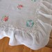 French Vintage embroidered tablecloth decorative white with embroidered flowers, ruffle and lace, etheral and delicate