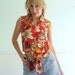 Tie Front Cropped Tropical Floral Print 90s Blouse - Vintage - SMALL S
