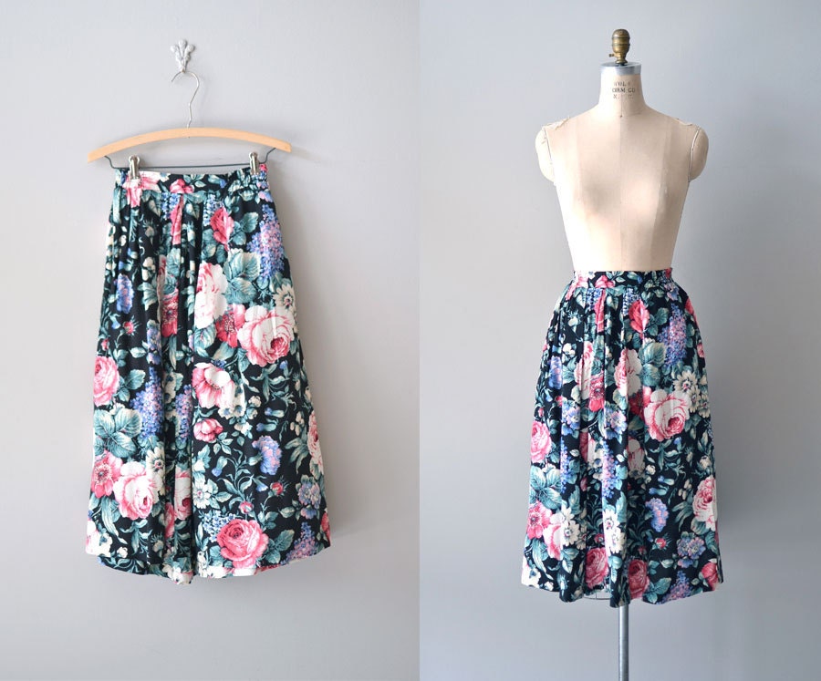 floral skirt / cotton floral midi skirt / high waist / Garden