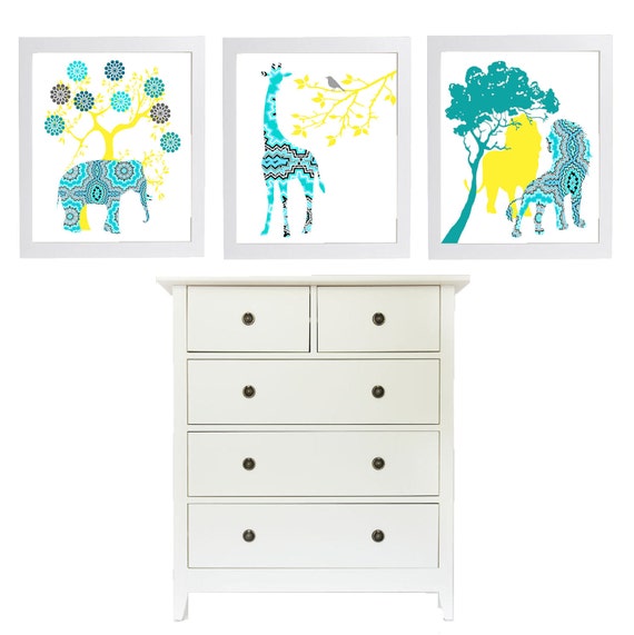 Items similar to Trendy Modern Nursery Art Set in Turquoise Yellow Quilted Aztec 3 8 x 10