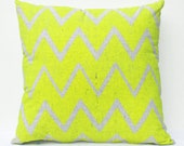 Truly Outrageous - neon yellow and grey chevron screenprint, organic pillow, 18"x18"