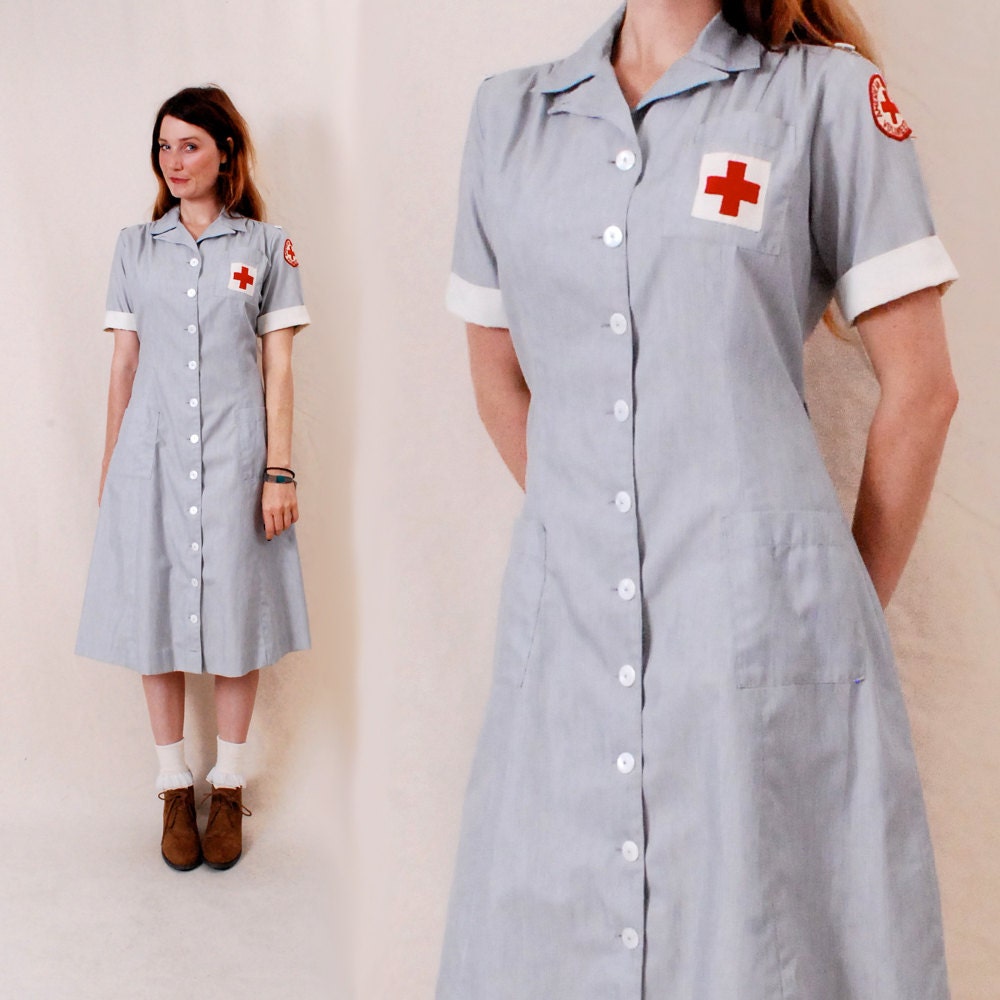 Vintage 40s 1940s Nurse Uniform Dress m/l Red Cross nursing