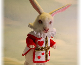 Wonderland The White Rabbit in a Red Queen Hearts Tunic Needle felted Storybook OOAK Doll