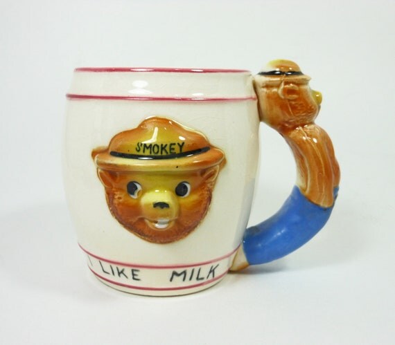 Vintage Smokey The Bear Mug Childs Milk Glass Cup Mid