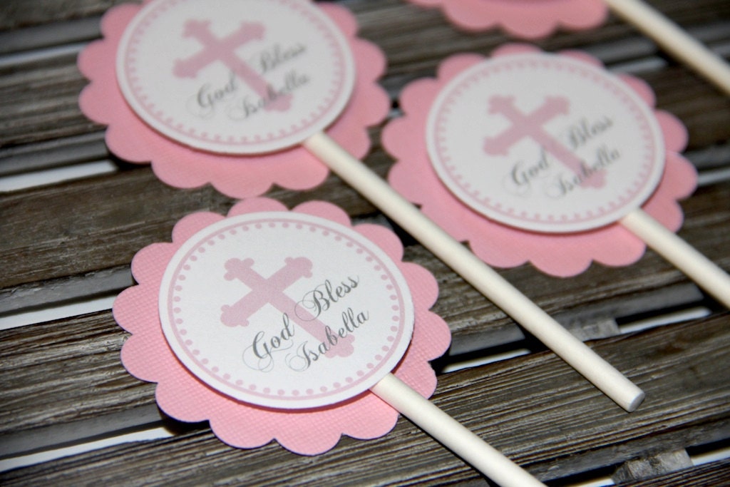 Personalized Pink Christening or Baby Baptism Cupcake Toppers