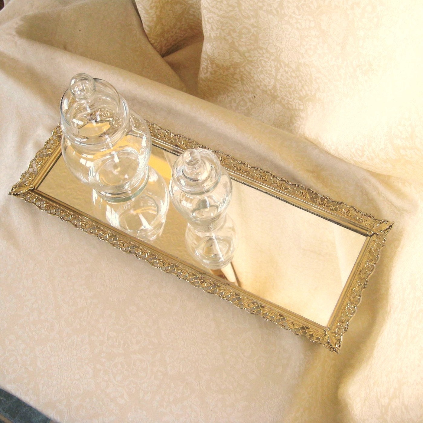 Mirrored Vanity Tray Gold Metal Filigree Long and Narrow