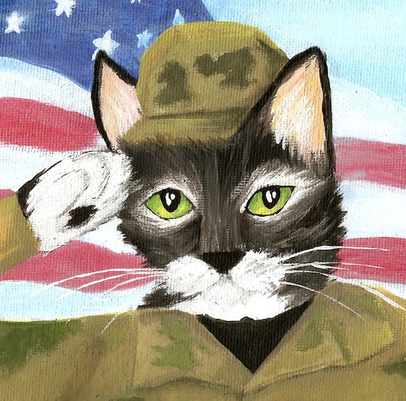 Items similar to ARMY  Cat  Art Grey Tabby Soldier Cat  