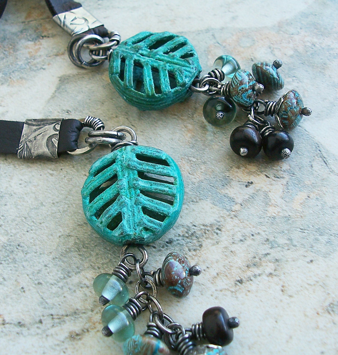 Brown Leather Lariat Verdigris African Medallions by lunedesigns