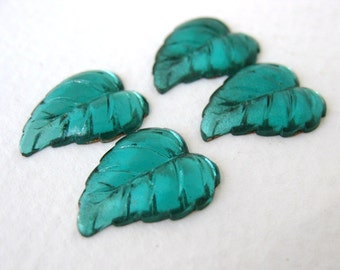 Vintage Glass Cabochon Emerald Green Leaves Floral Foiled 16x12mm gcb0596 (4)