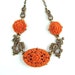 Vintage Necklace Coral Carved Celluloid Jewelry - Exotic Dragons and Roses