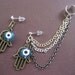 Blue Eyed Ear Cuff Chain Earring Set- Turkish Evil Eye Hamsa Hand of Fatima Charm Cartilage Earcuff